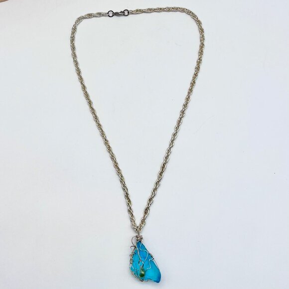 Handmade Wire Wrapped Blue Art Glass Pendant Necklace Drop Accent - Picture 6 of 10